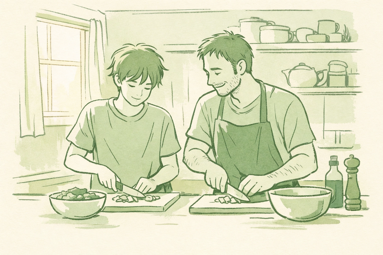 Step-father and gay teen son bonding while cooking in supportive LGBTQ+ household