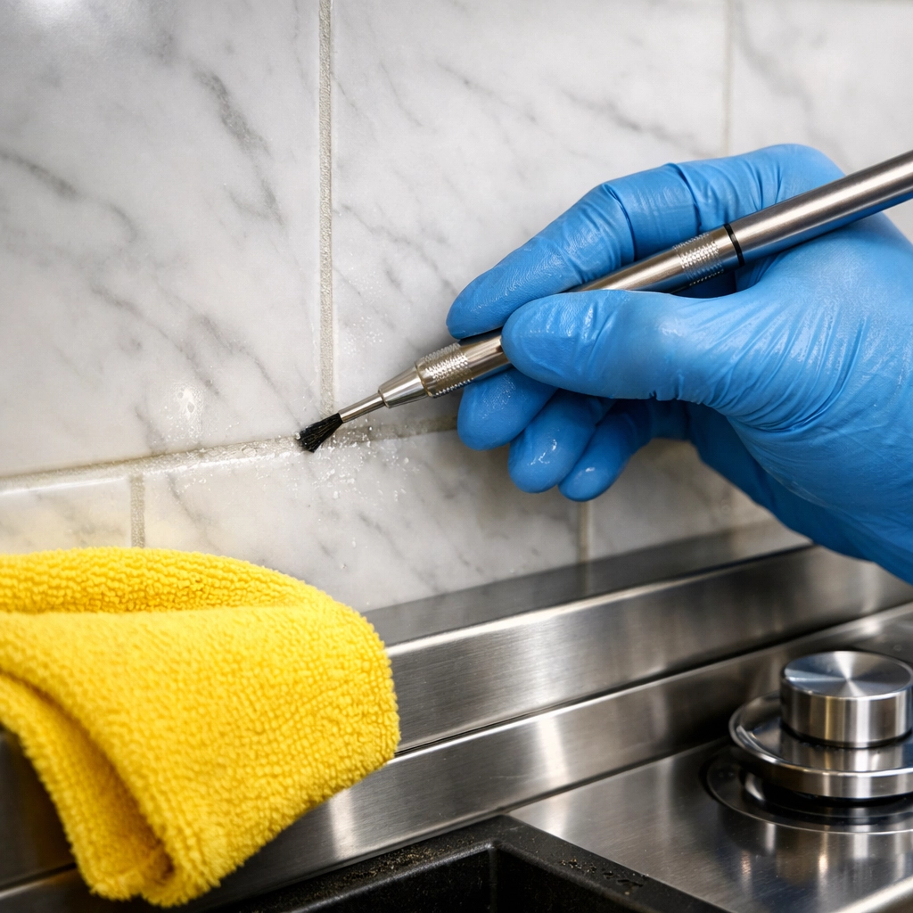 Professional deep cleaning of a marble kitchen backsplash by expert house cleaning services MA.