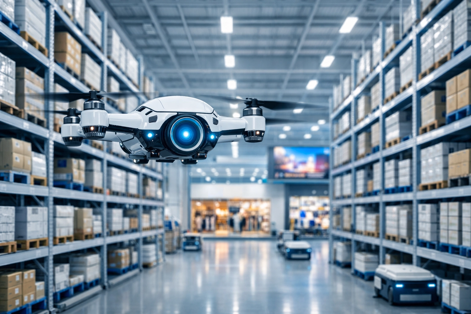 Autonomous AI drone performing a site audit in a warehouse for inventory and retail compliance.