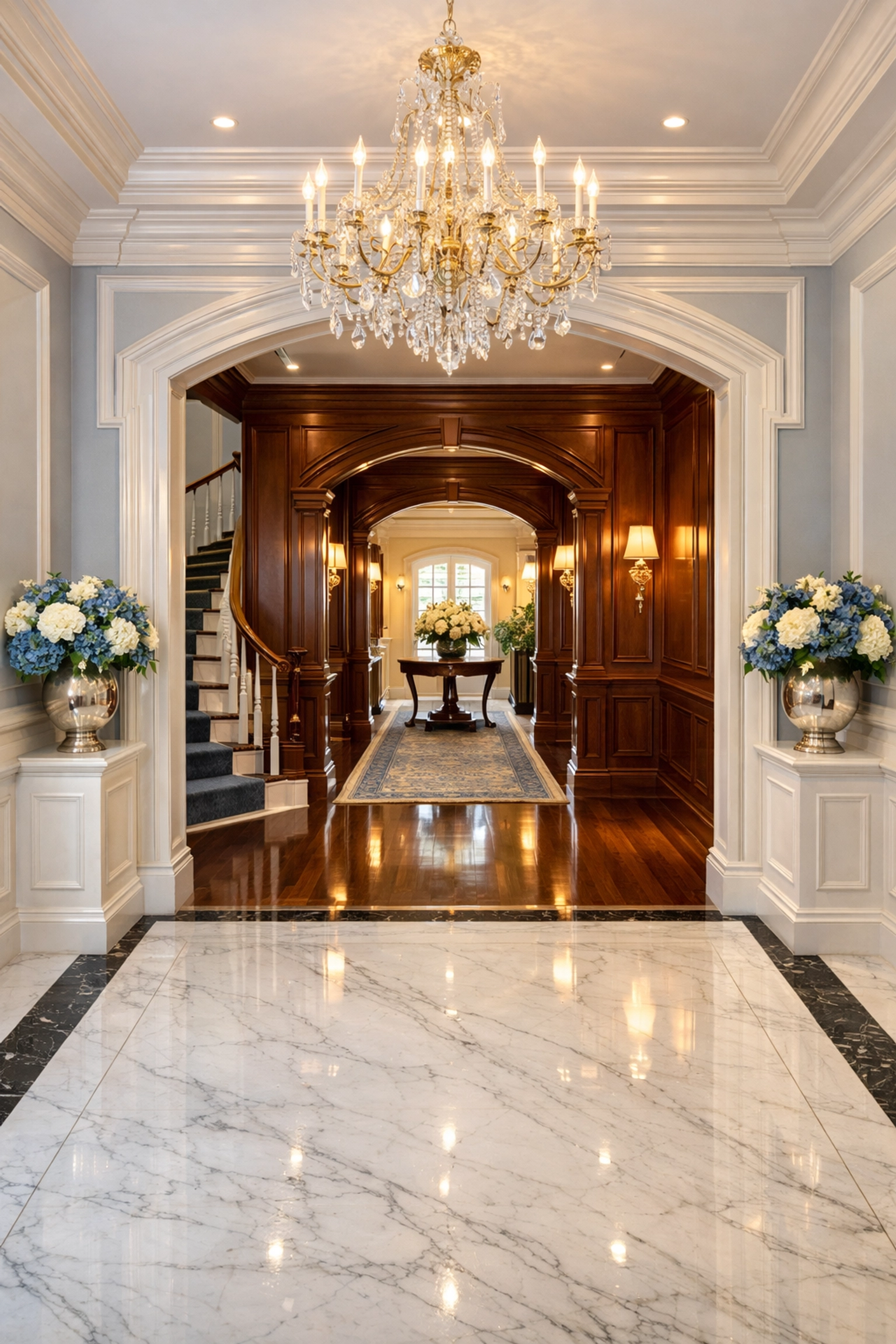 Flawless marble foyer in a high-end estate highlighting luxury house cleaning Newton MA for realtors.
