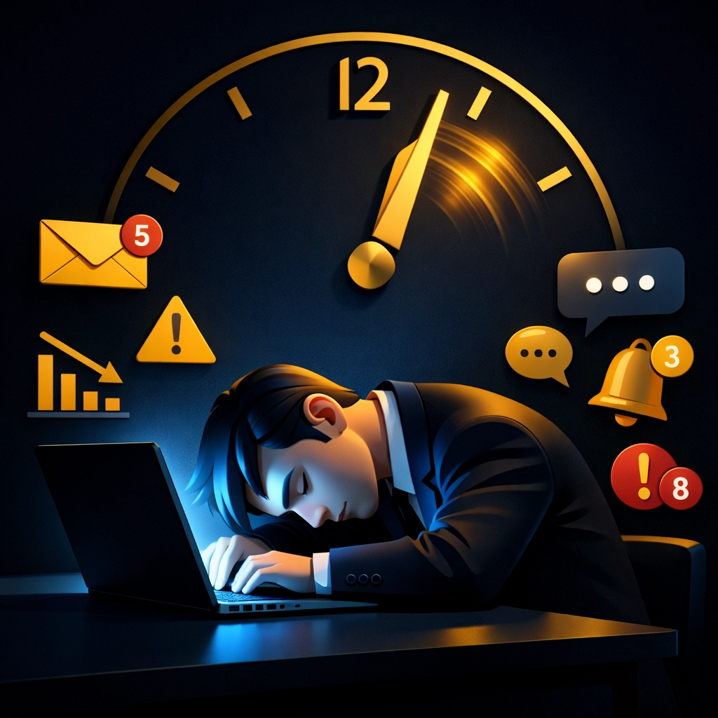 Exhausted entrepreneur working late night overwhelmed by manual tasks and hustle culture burnout