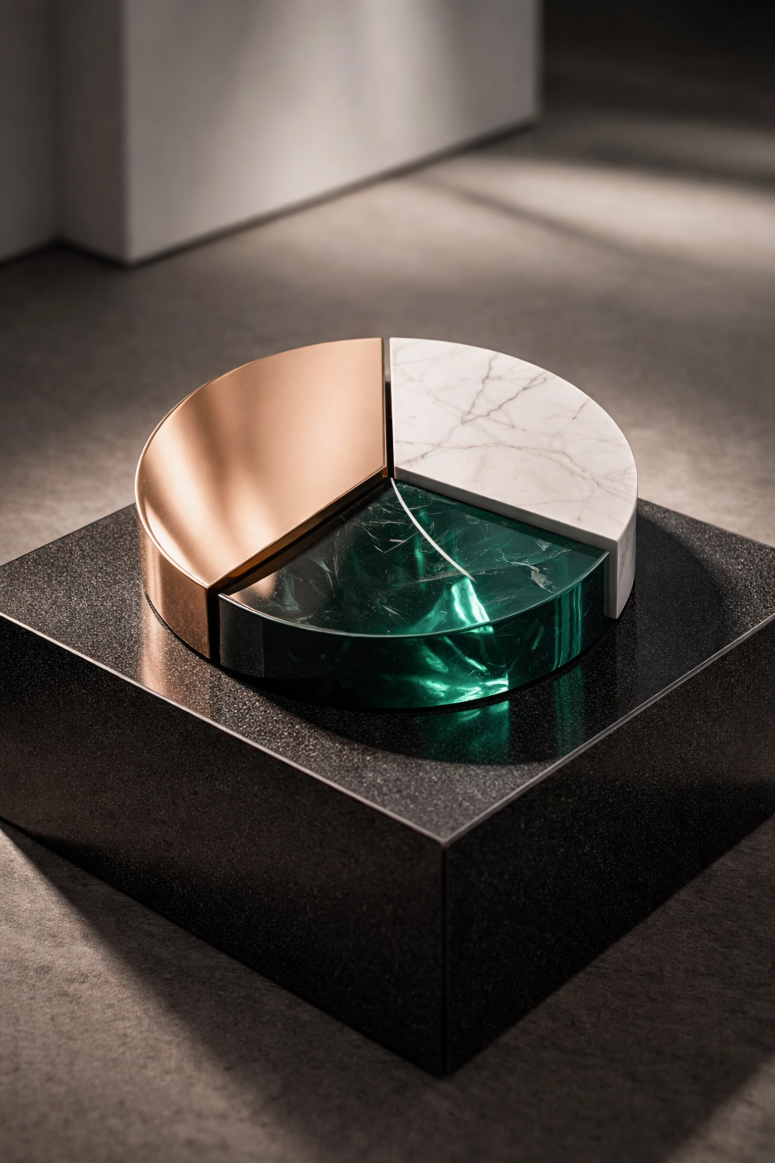 A balanced pie chart sculpture representing the 40/30/30 diversification model, symbolizing advanced portfolio allocation for accredited investors.