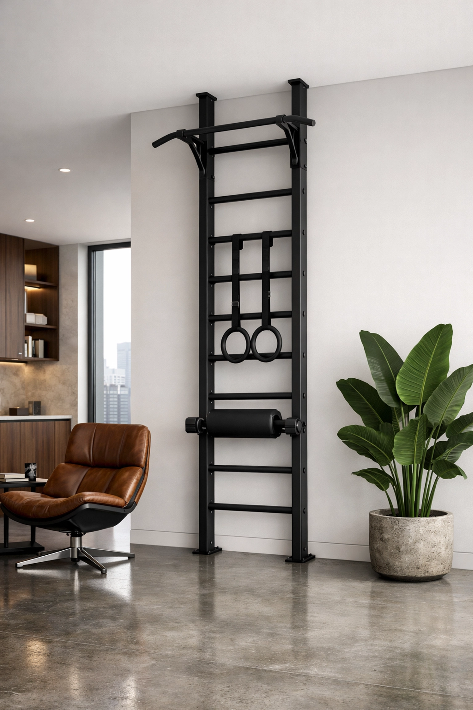 Sleek floor to ceiling gym rail providing a no wall damage workout system in a home apartment.