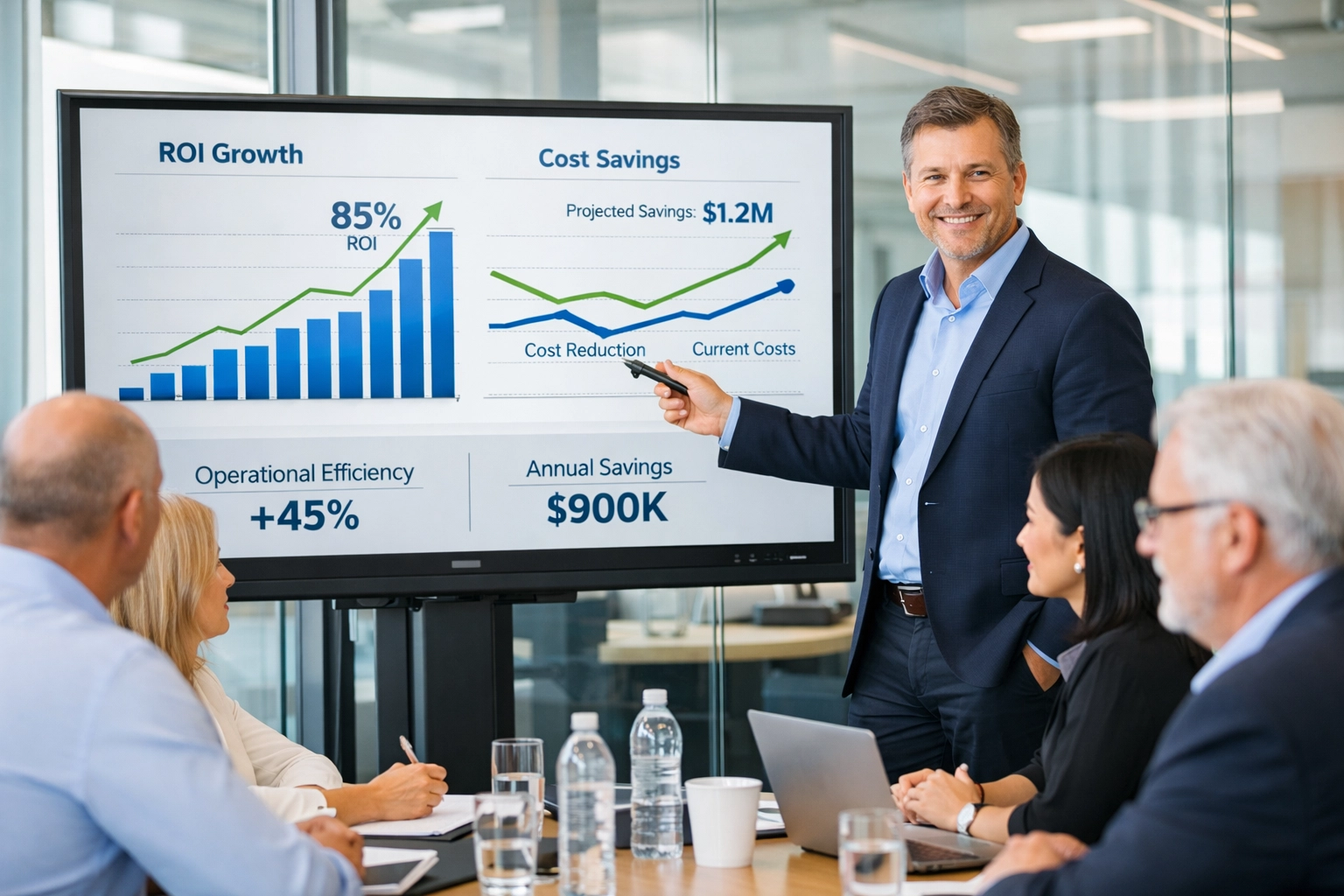 IT executive presenting ServiceNow license cost savings and ROI metrics to leadership team