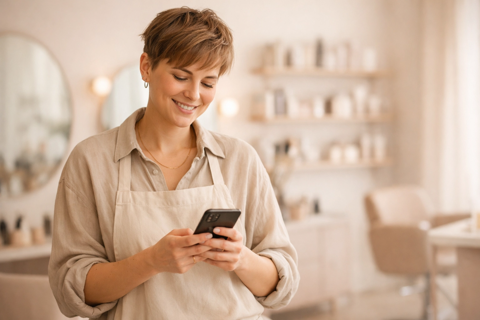 A happy and relaxed salon owner in a modern, stylish salon, confidently checking their bookings on a smartphone.