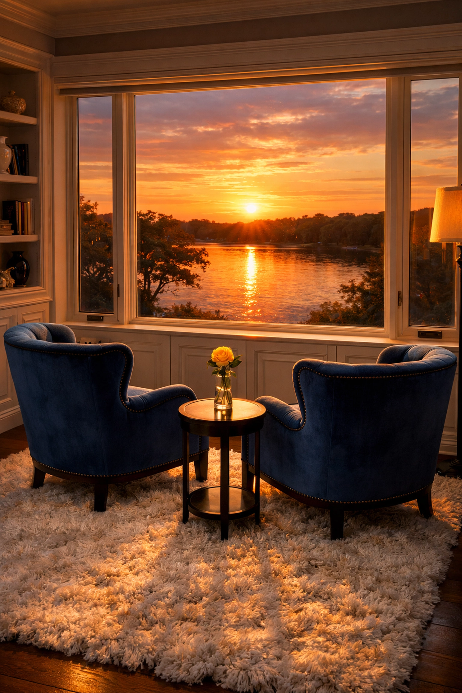 A tranquil and clean master suite nook with a stunning sunset view over Farm Pond in Sherborn.