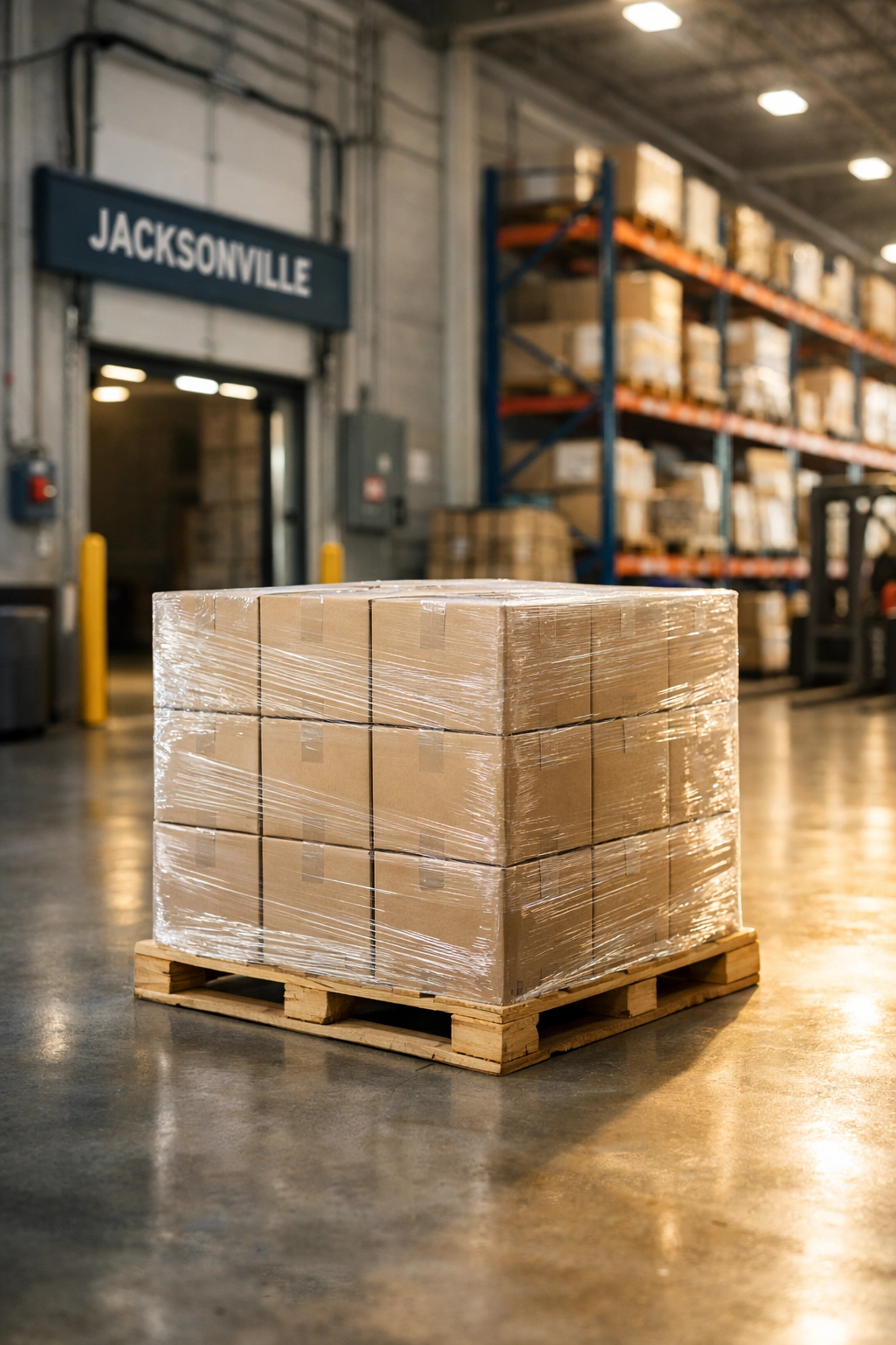 Professional 3PL Jacksonville warehouse shipping bay with pallets prepared for FBA drip-feeding.