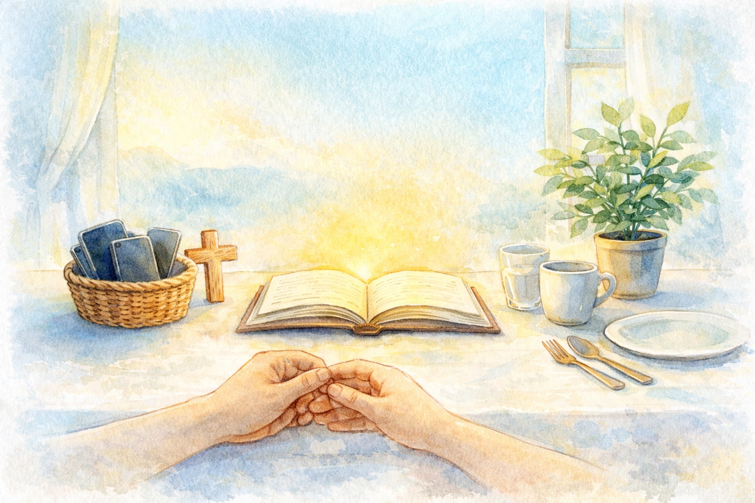 Contemplative watercolor family table with phone basket and warm natural light for digital sabbath and connection by Dr. Layne McDonald - www.laynemcdonald.com