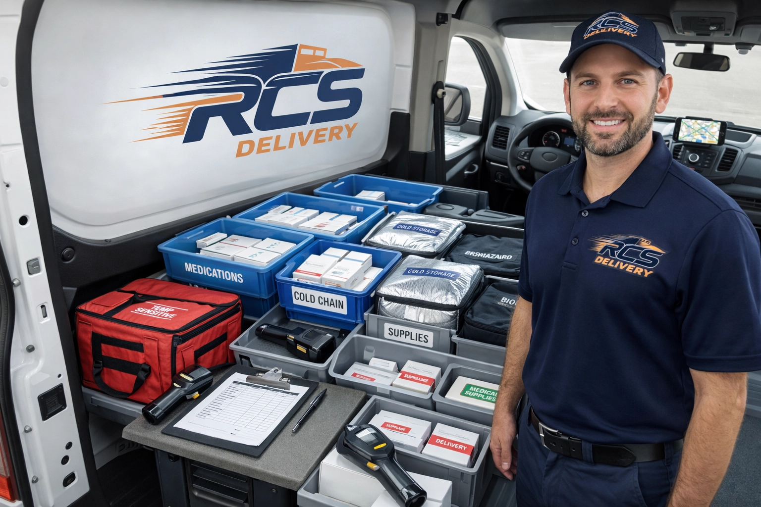 Organized pharmacy delivery van interior with route optimization for same day delivery service