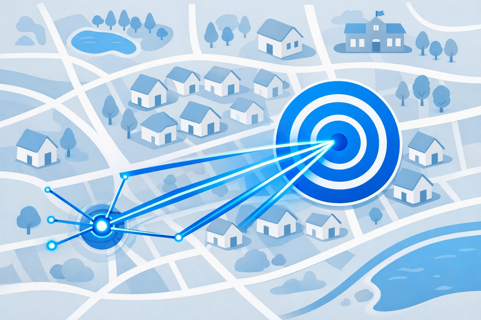 Vector map showing hyper-local digital ad targeting on a specific neighborhood block.