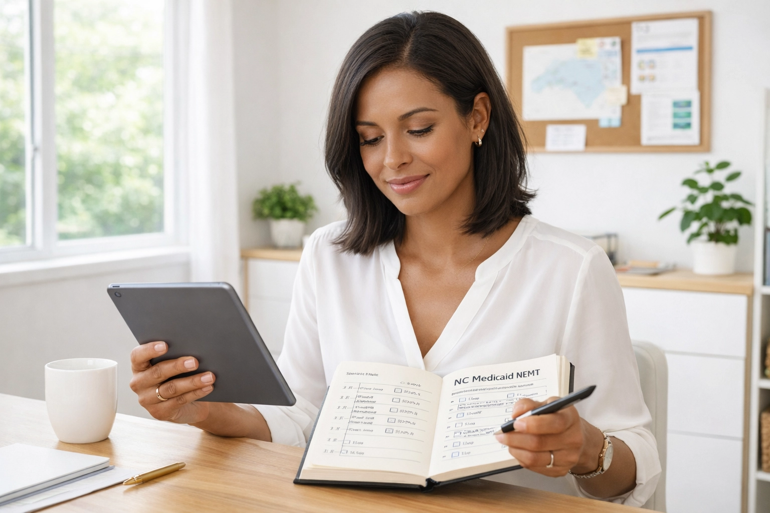 A woman organizing her NC Medicaid NEMT schedule using a digital tablet and planner in a bright home office.