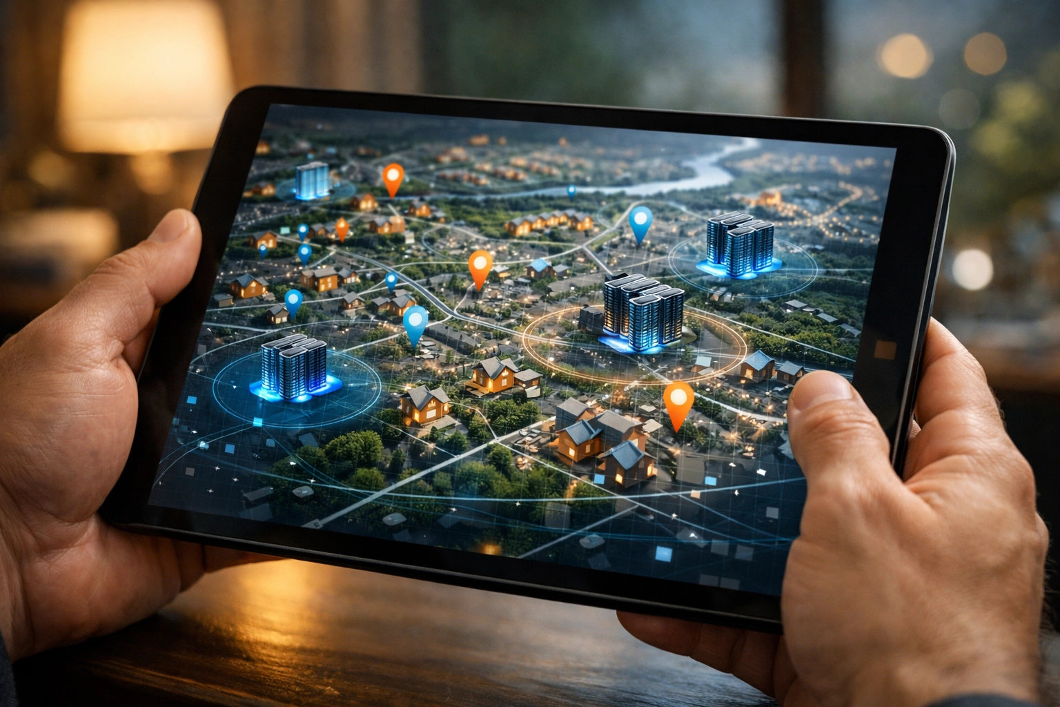 Hands holding a tablet showing a high-tech interactive neighborhood map with data center markers