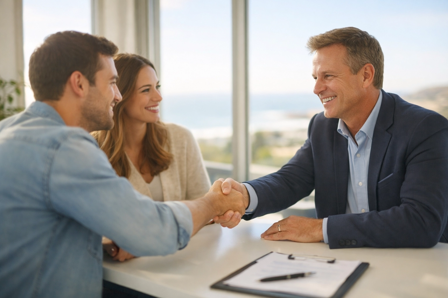 Independent insurance agent meeting with clients to discuss competitive coverage options