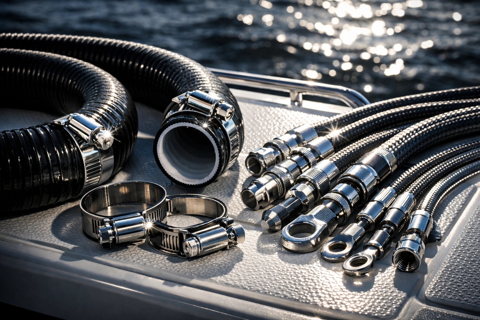 Marine-grade hoses and stainless clamps for boat system maintenance