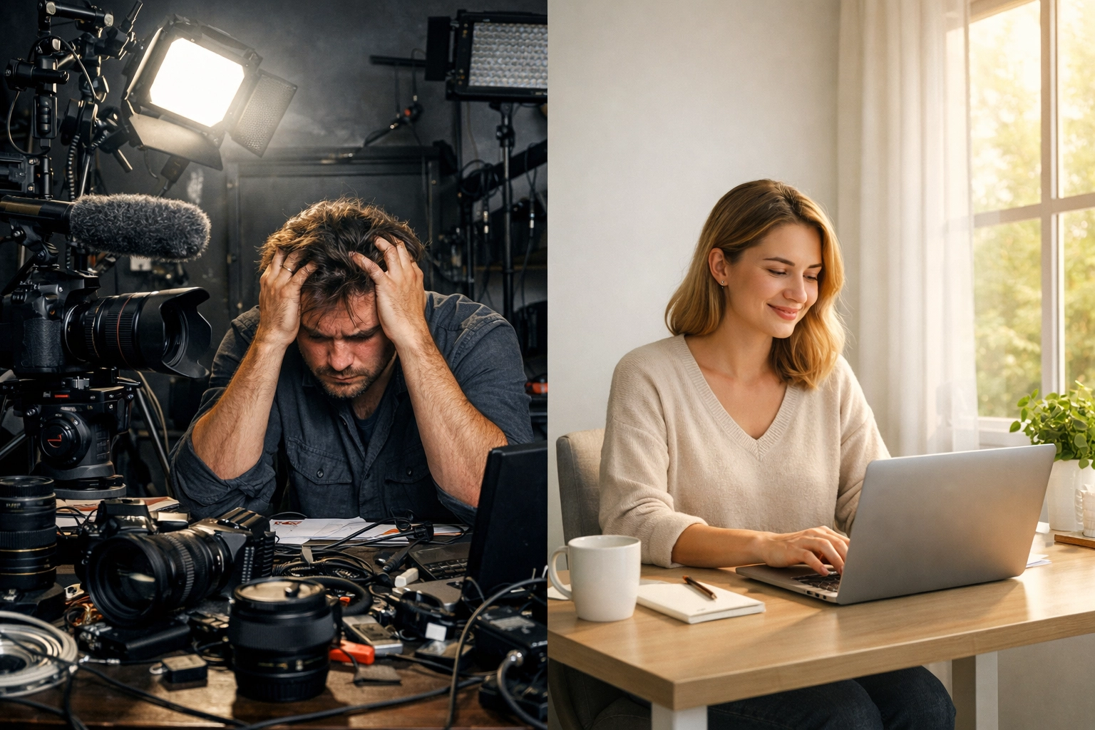 Comparison of traditional video production studio versus simple blogger workspace with laptop
