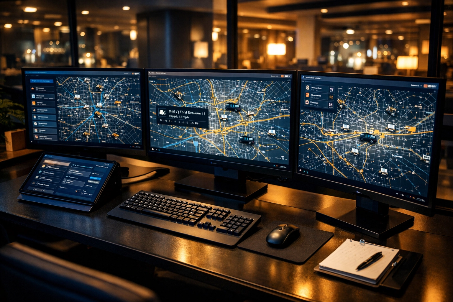 GPS tracking command center monitors real-time Super Bowl corporate transportation fleet movements