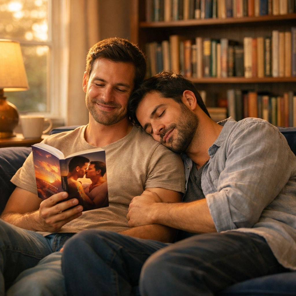 A gay couple shares a quiet moment reading an MM romance book together on a velvet sofa.