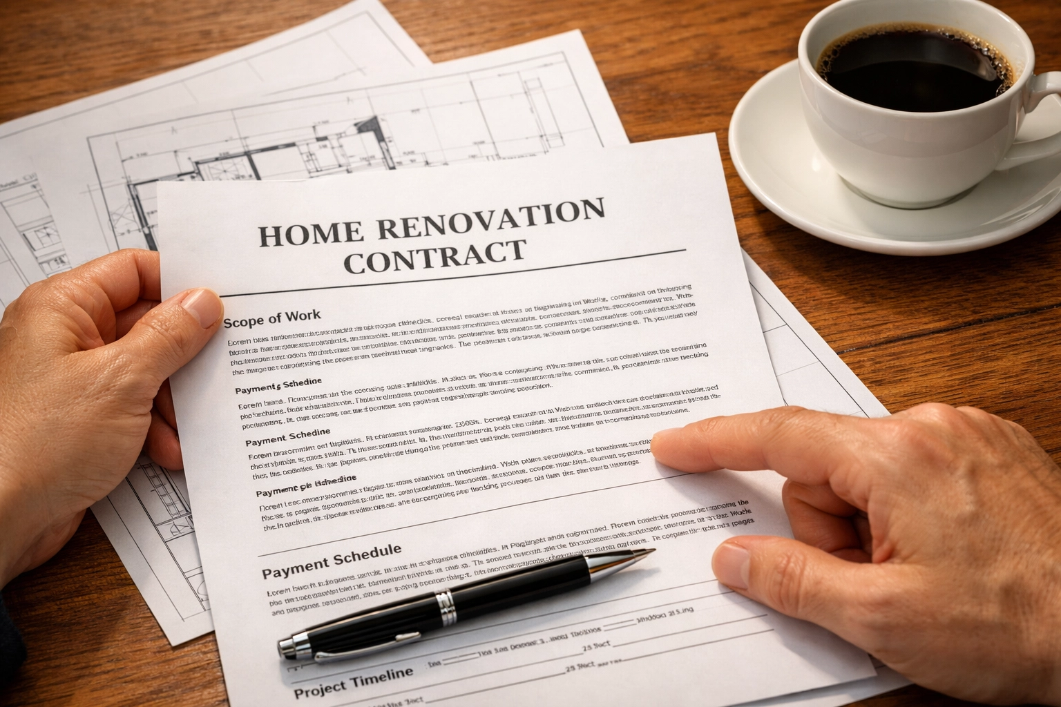 Homeowner reviewing detailed renovation contract with blueprints for Orlando remodeling project