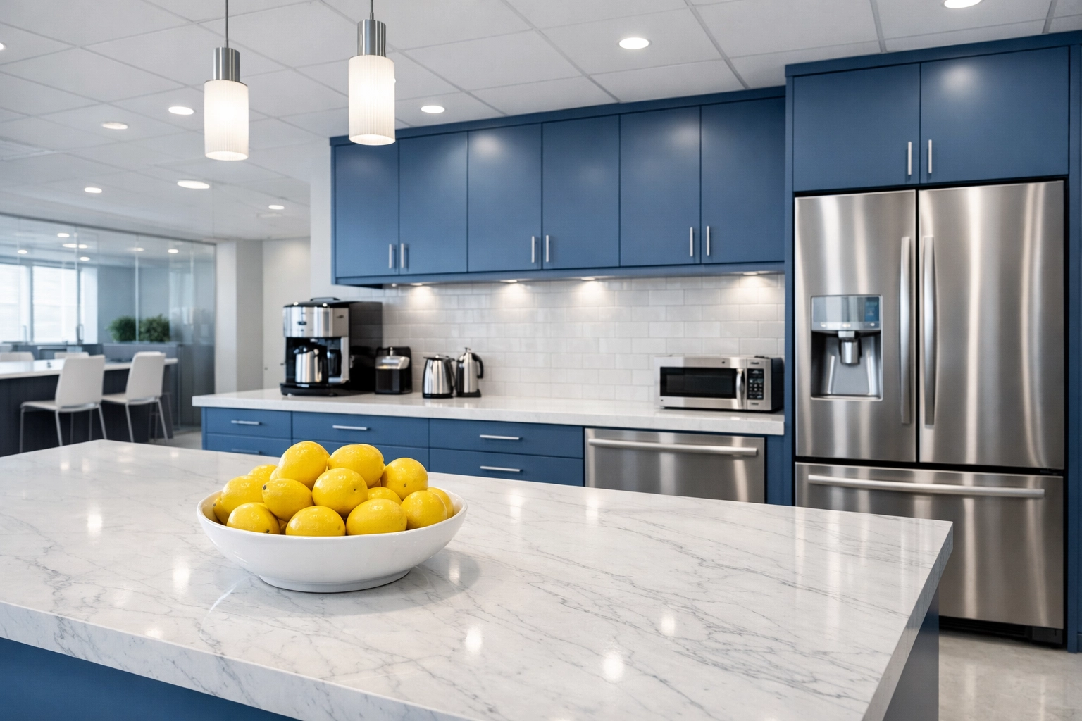 Sanitized corporate breakroom with clean marble countertops and professional office kitchen maintenance.