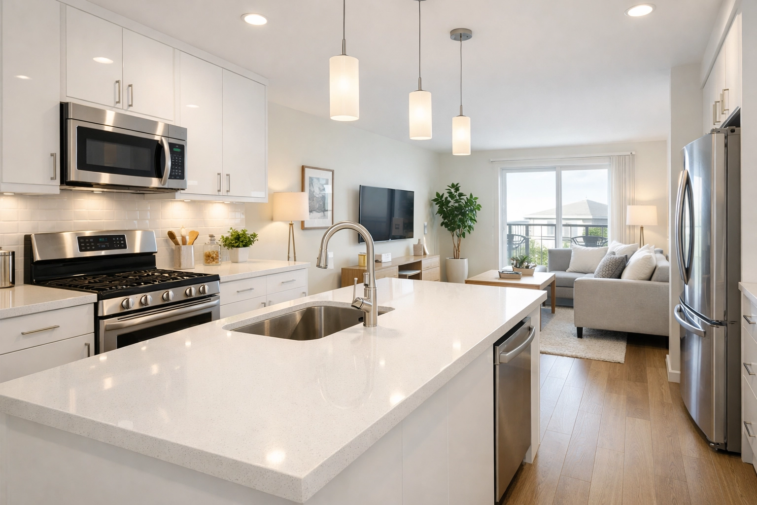 Move-in ready multifamily apartment in Indianapolis featuring deep-cleaned kitchen and living areas.