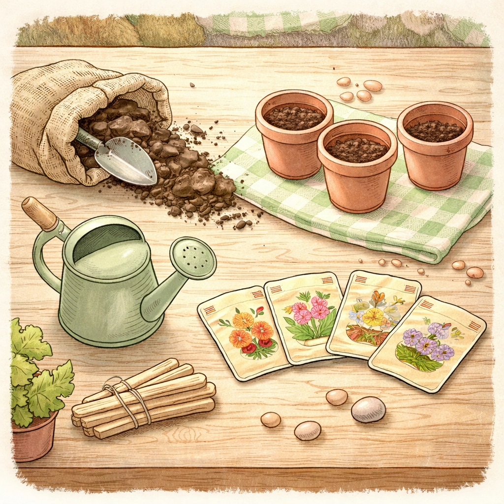 Bird's-eye view of kitchen table with DIY herb garden supplies for a budget-friendly kids project