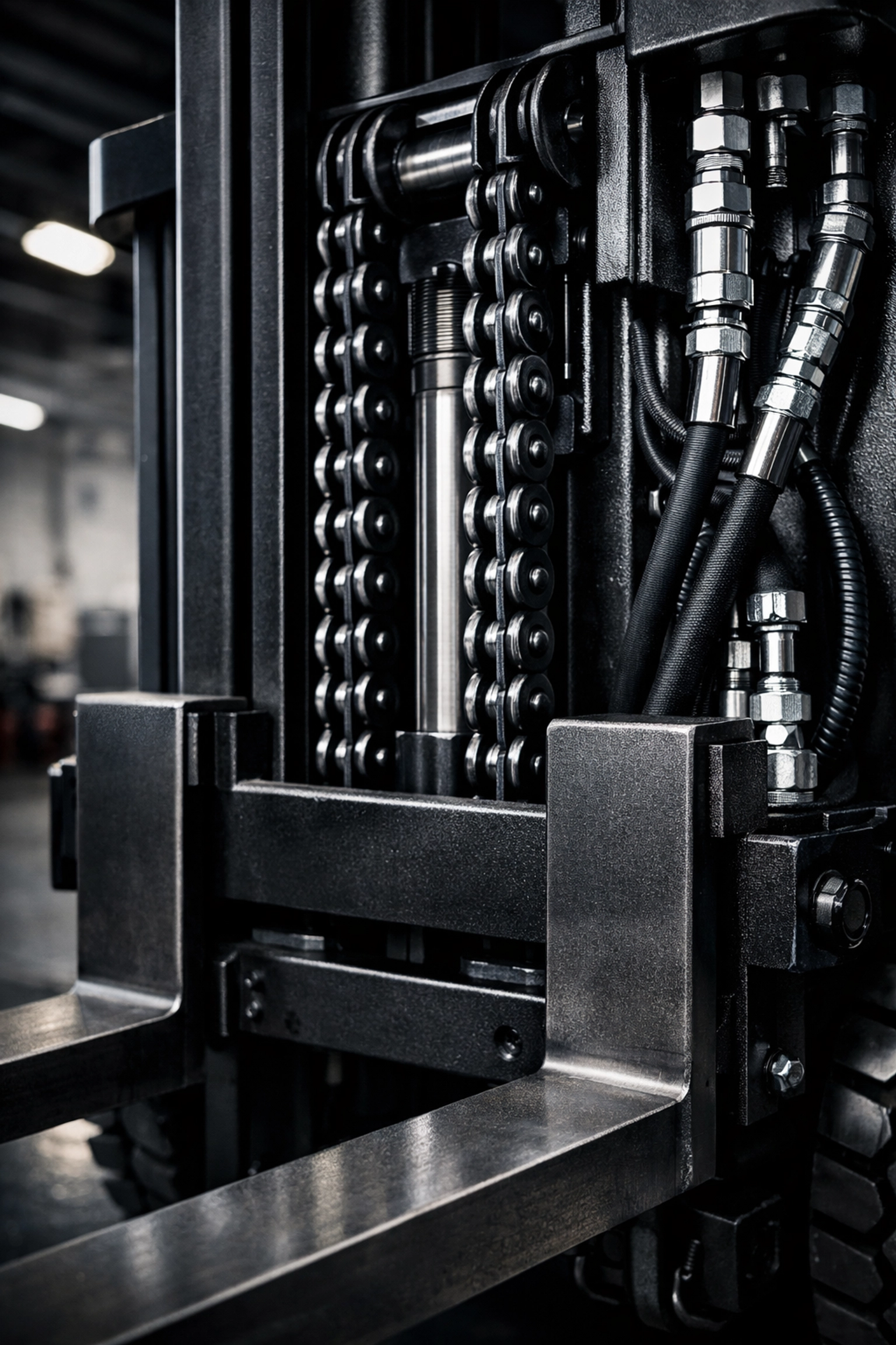 Detailed close-up of a sturdy forklift mast and lifting chains on a quality used forklift for sale in Texas.
