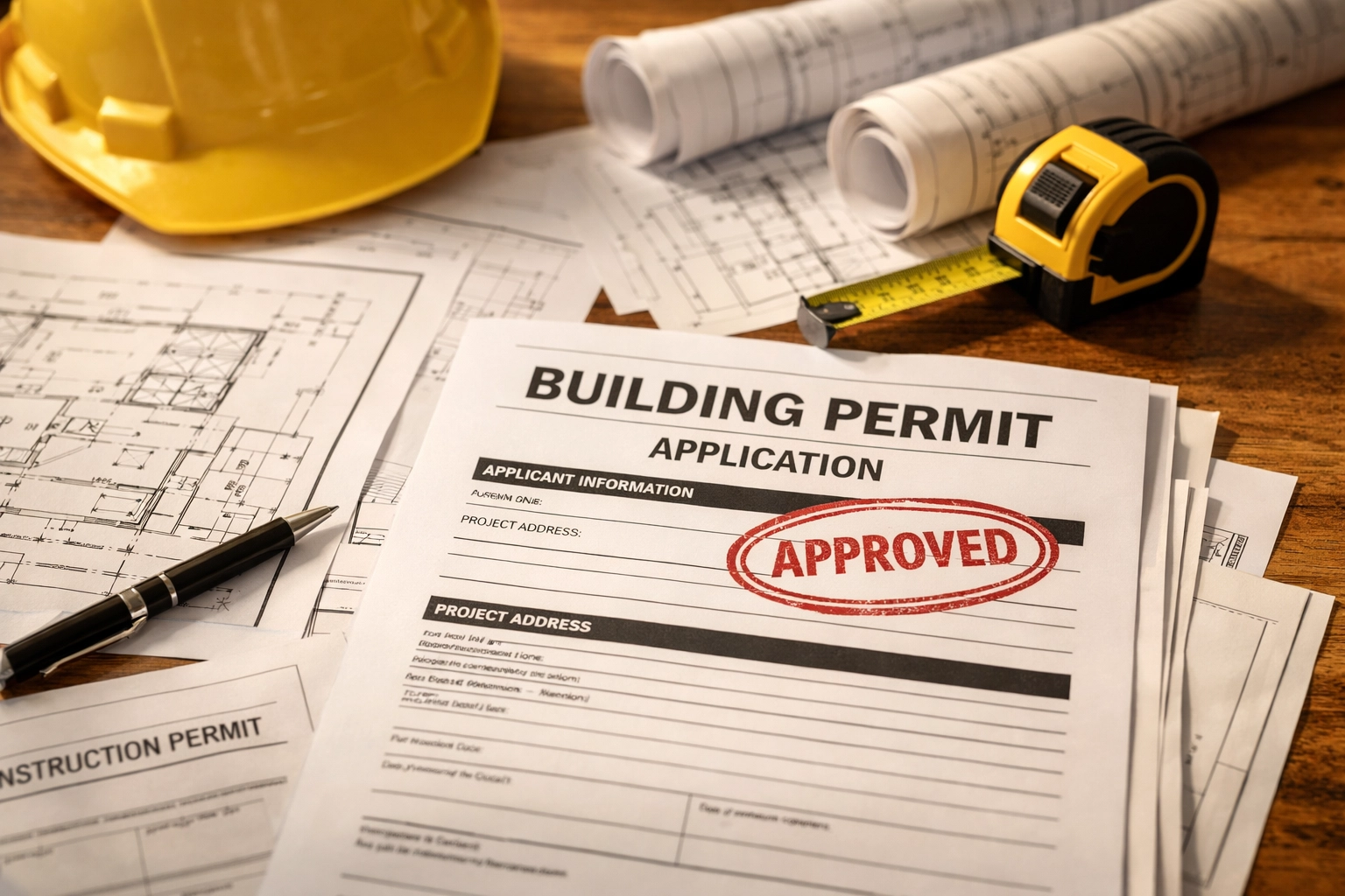 Building permits and blueprints with approved stamp for Florida home renovation