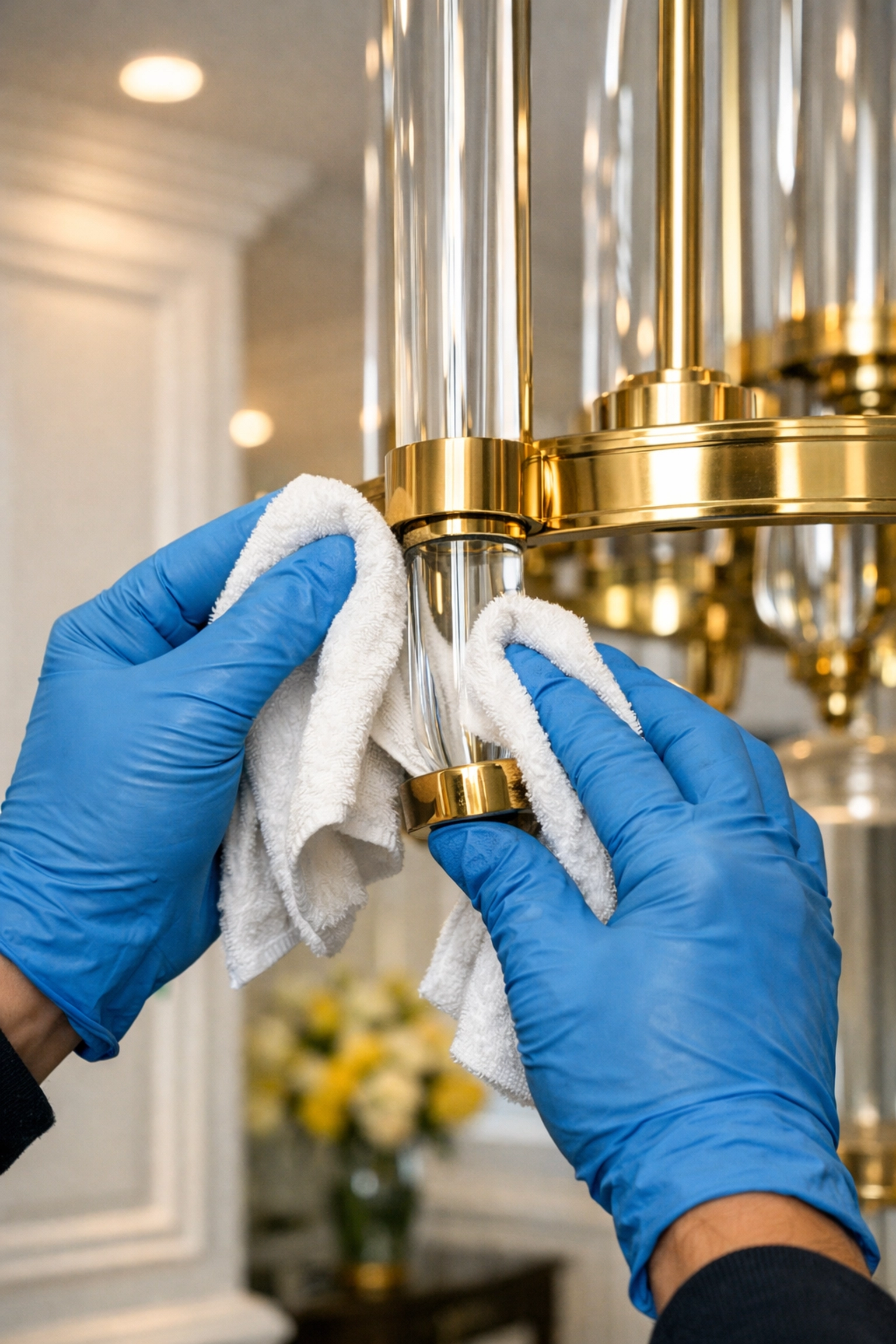 Expert cleaner detailing a high-end glass light fixture to ensure a thorough professional home clean.