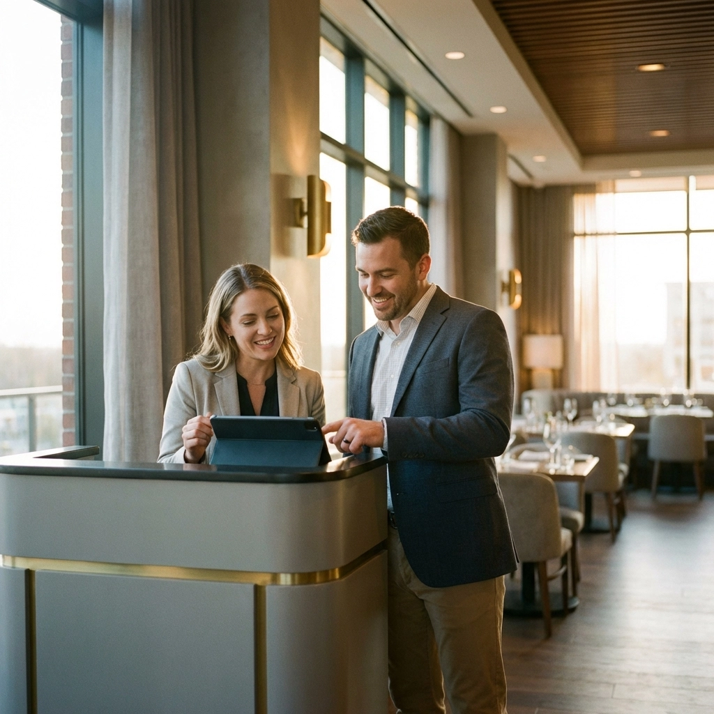 Hospitality consultant and restaurant manager analyzing data on a tablet, highlighting teamwork for restaurant profitability.