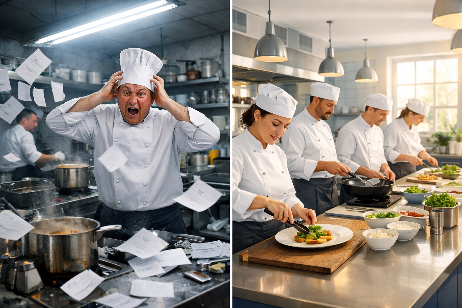 Chaotic restaurant kitchen transformed into organized hospitality operations with founder systems