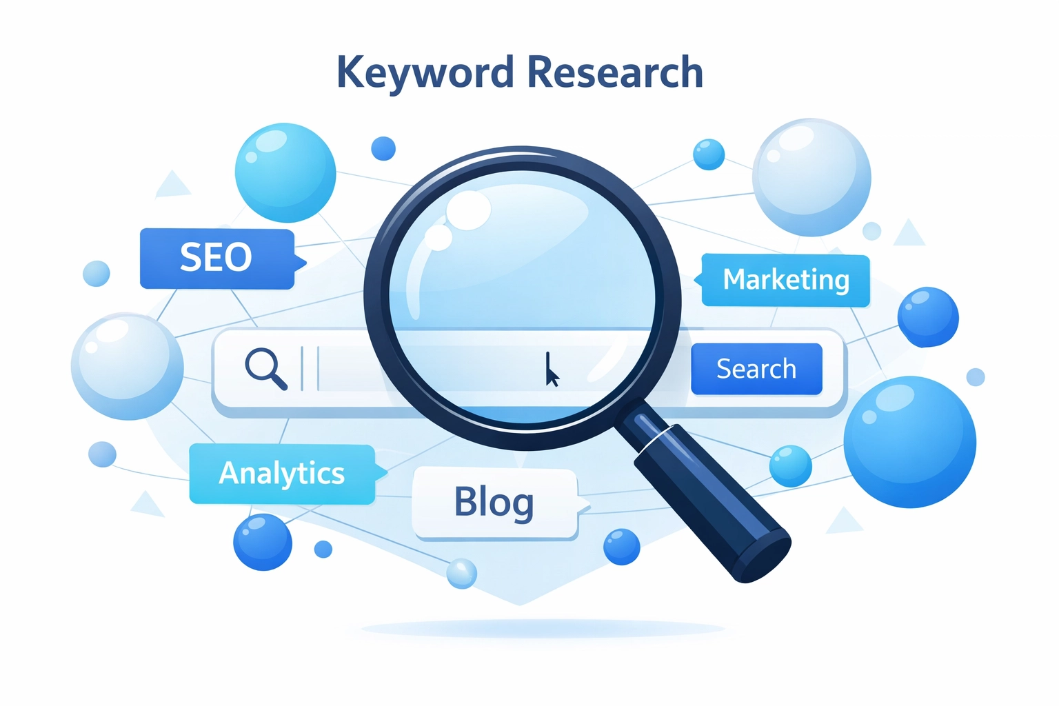 Keyword research illustration showing search terms and SEO keyword analysis tools