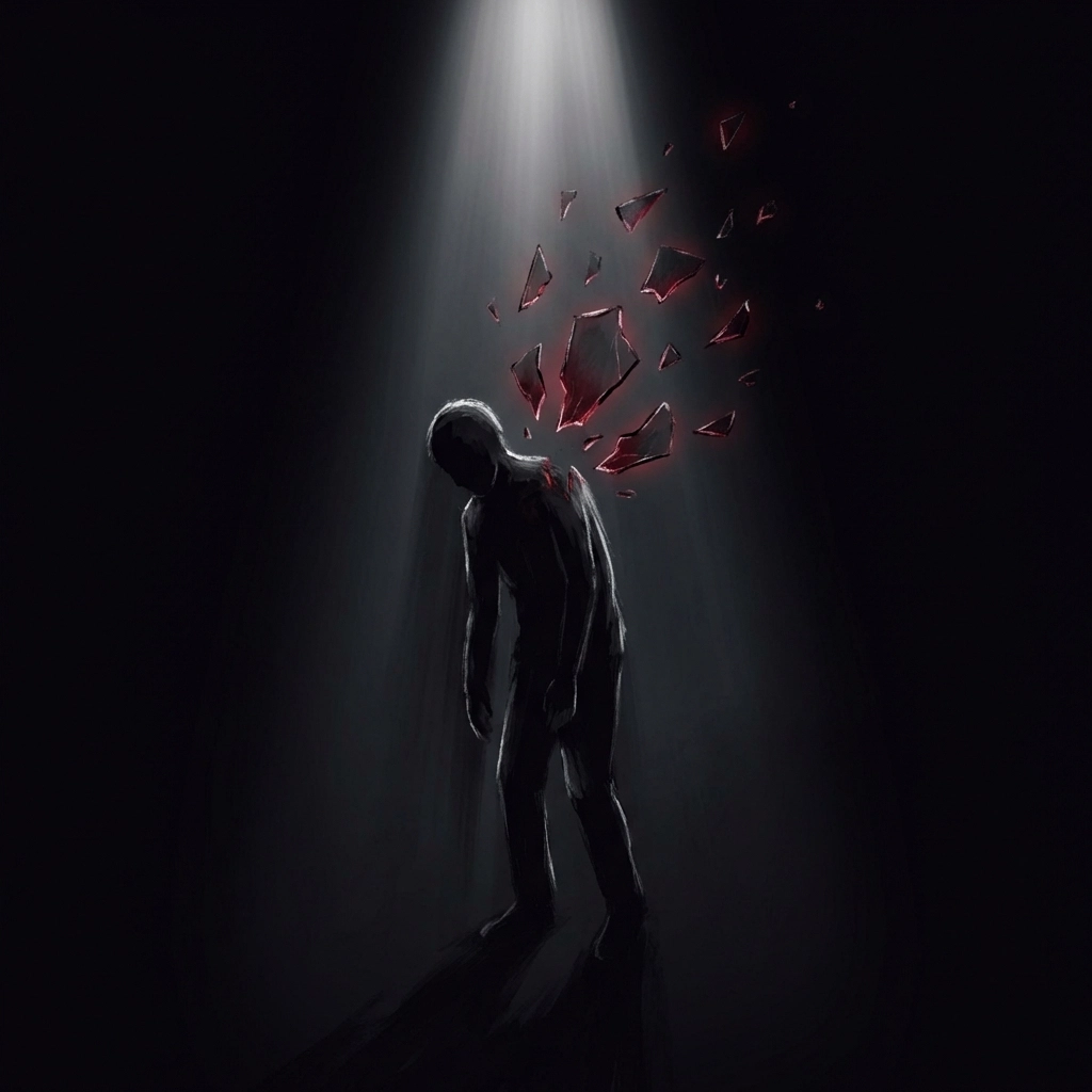 Symbolbild für verdrängte Trauma-Erinnerungen: Dunkle Silhouette mit zersplittertem Kopf im schwarzen Raum