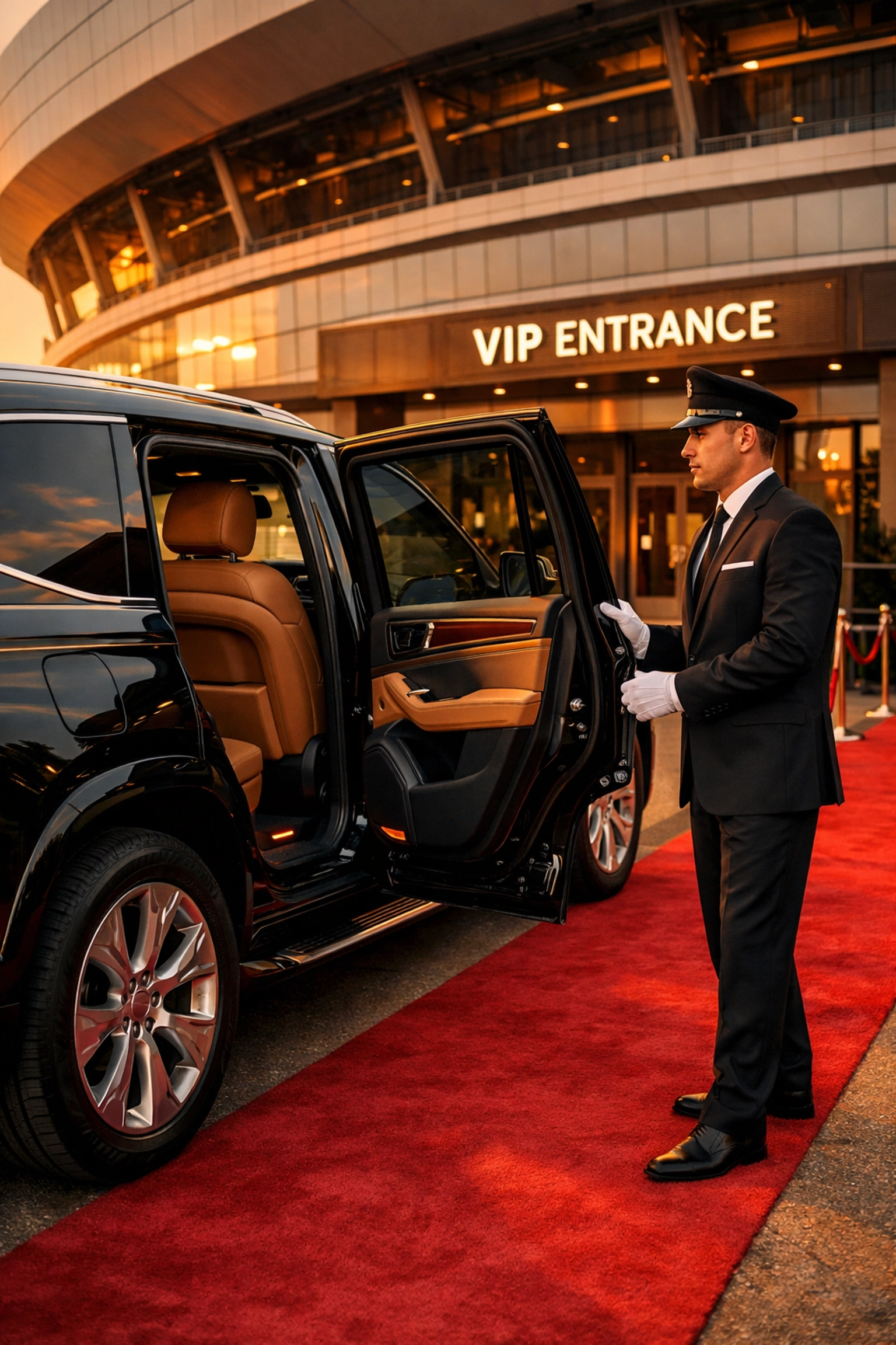 The Ultimate Guide to Executive Sports Event Hosting: Turn the Super Bowl Into Your Biggest Business Win Executive VIP transportation with chauffeur service at Super Bowl stadium entrance