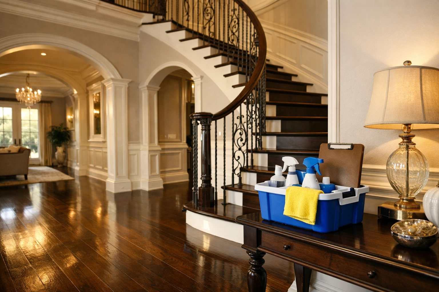 Clean luxury estate foyer with polished dark wood floors maintained by Weston estate cleaning professionals.