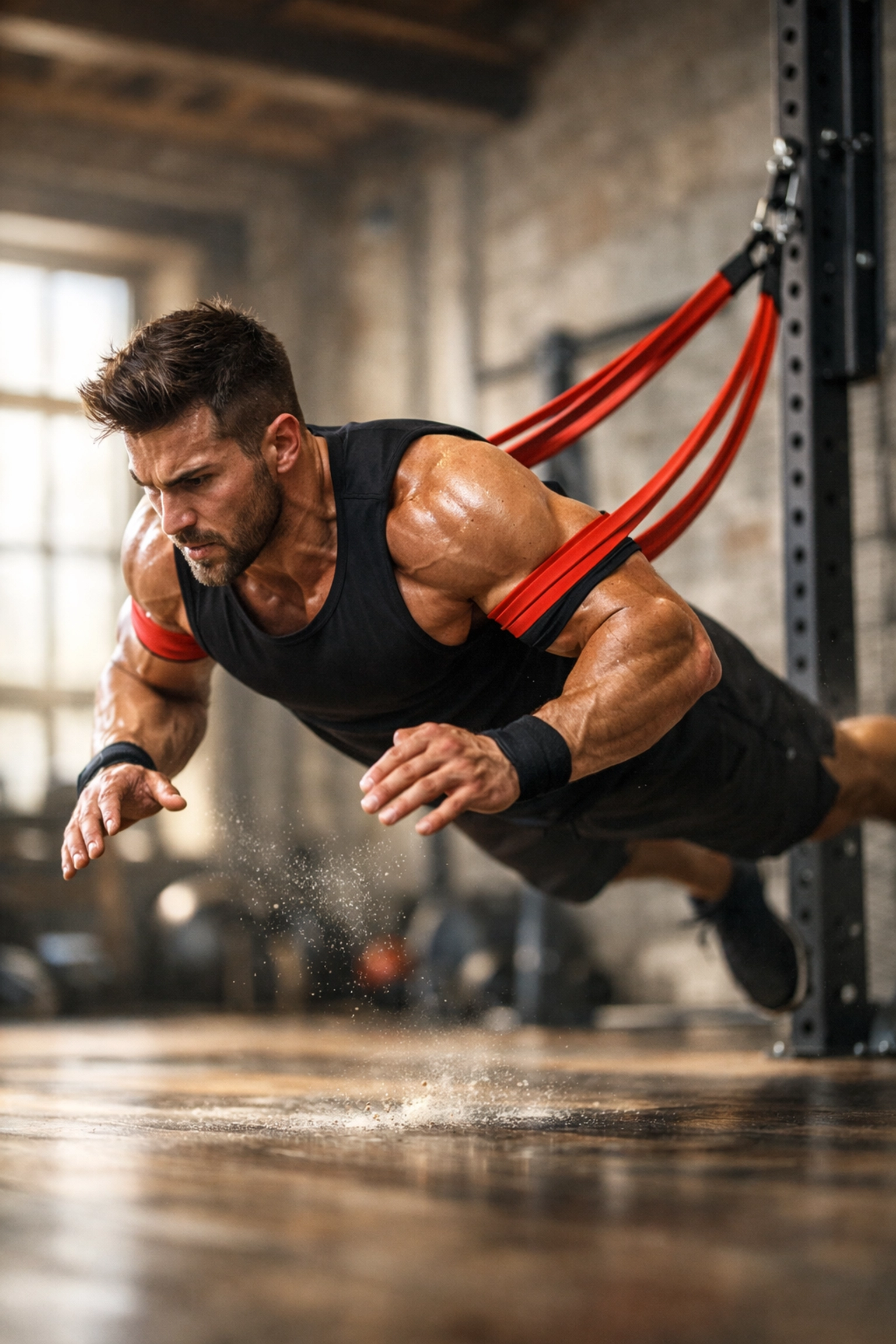 Athlete using calisthenics equipment for banded push-ups to increase intensity of bodyweight training at home.