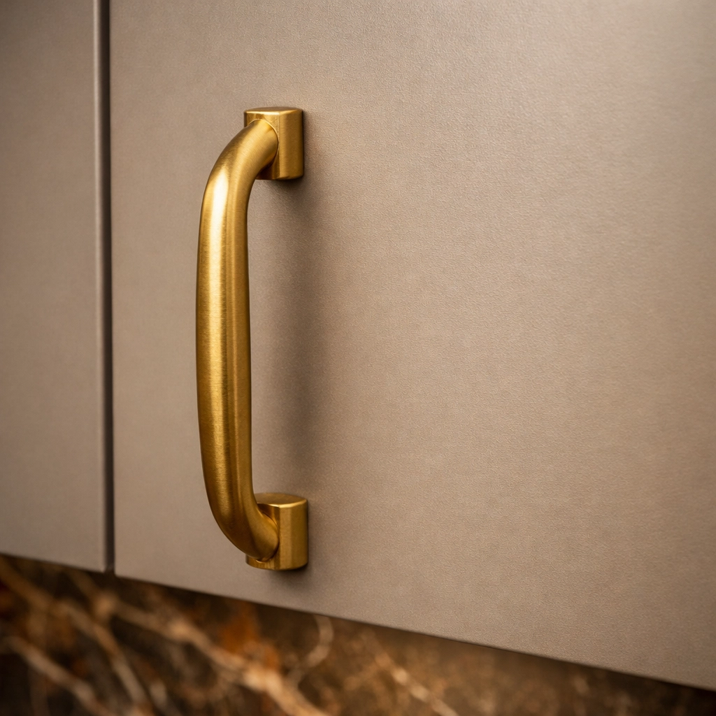Elegant brass hardware on mushroom kitchen cabinets, perfect for an earthy chic kitchen remodel.