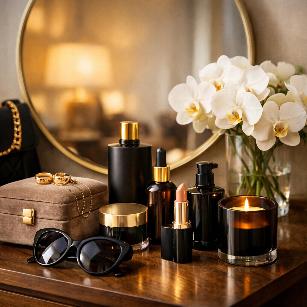 Elegant beauty products and accessories from Black-owned brands on vanity