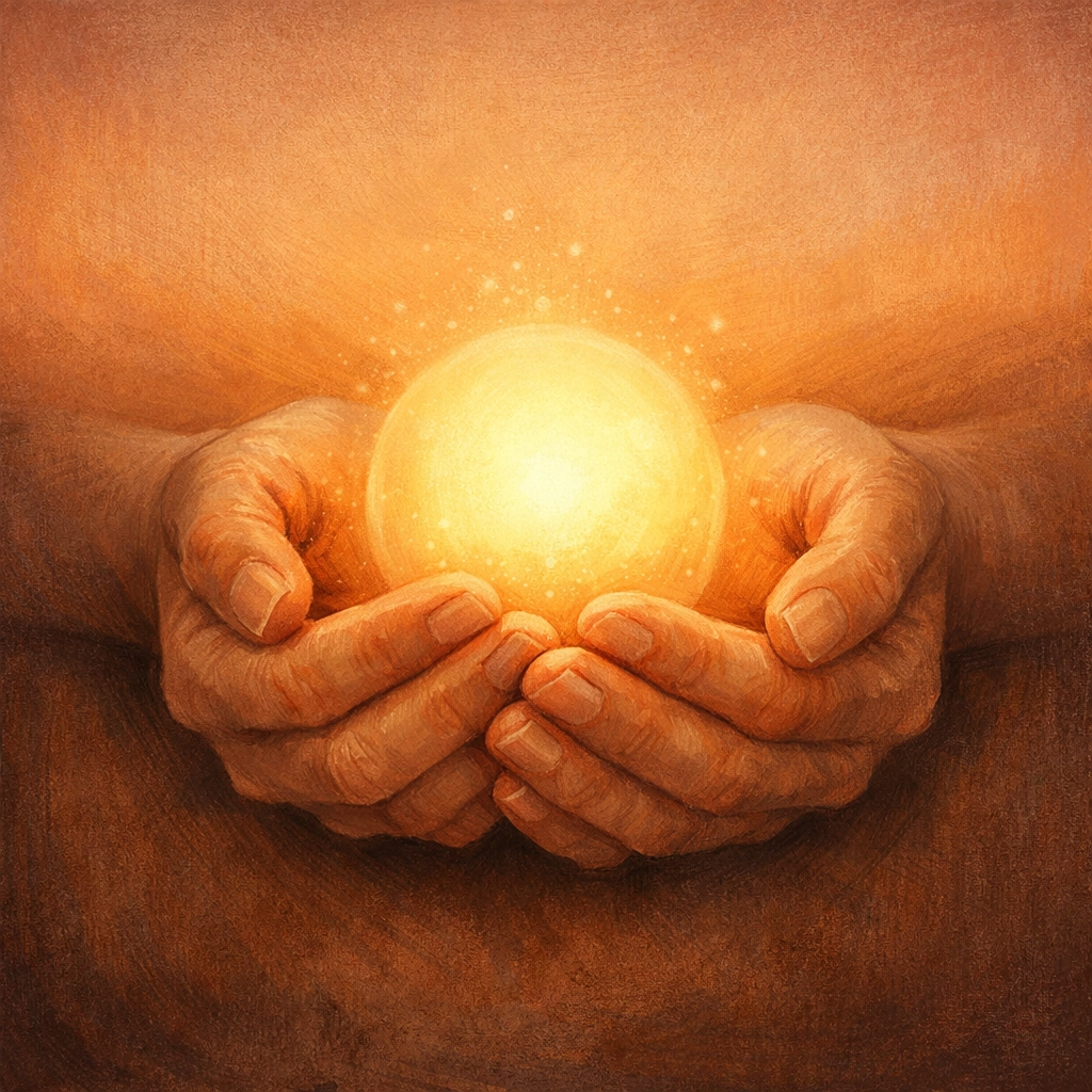 Cupped hands holding a warm light representing self-compassion and therapeutic healing.