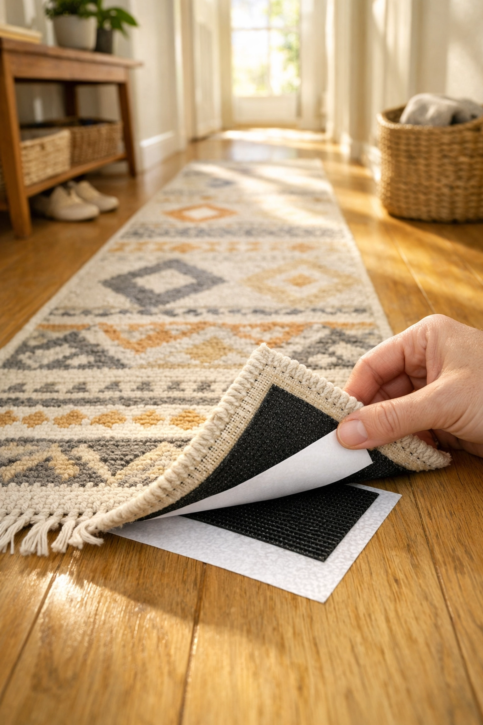 Person applying non-slip tape to a hallway runner rug to prevent trips and falls.