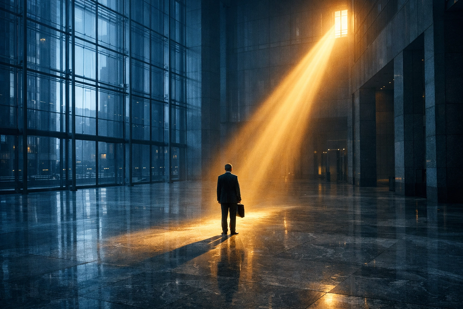 A professional looking toward light in a corporate atrium, symbolizing hope during a company takeover.
