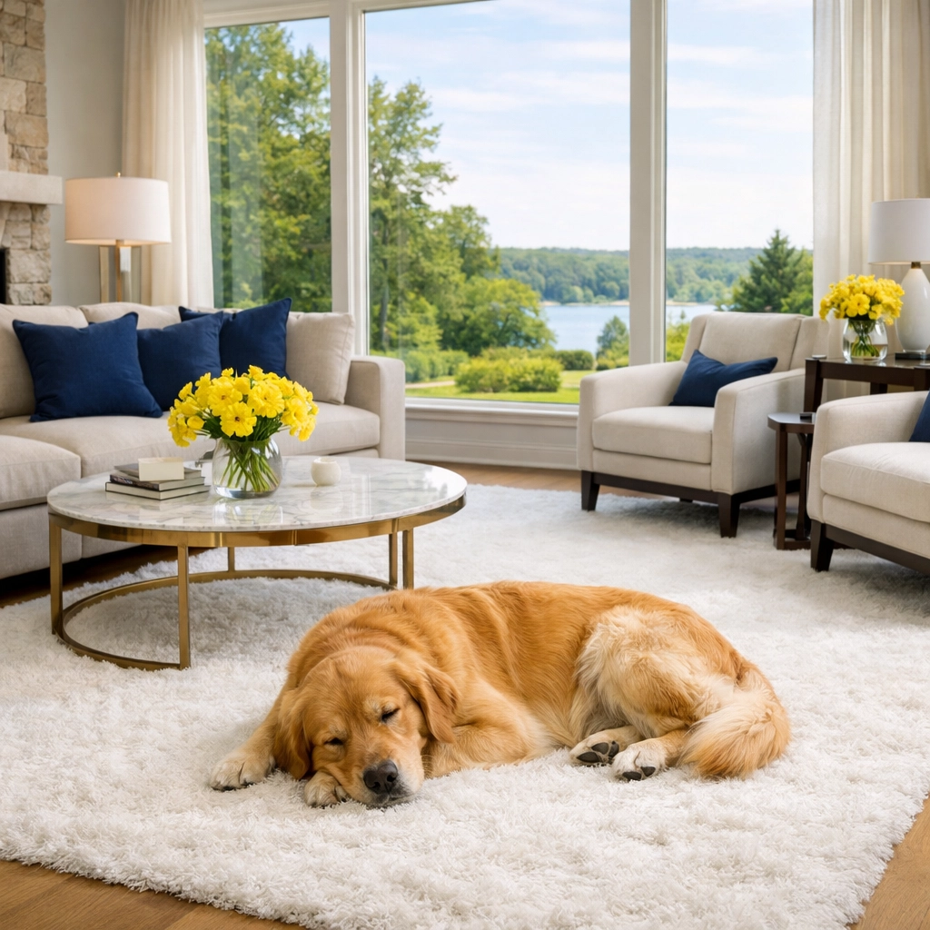 Happy dog napping on a pristine rug, protected by pet-safe green cleaning services in Lunenburg.