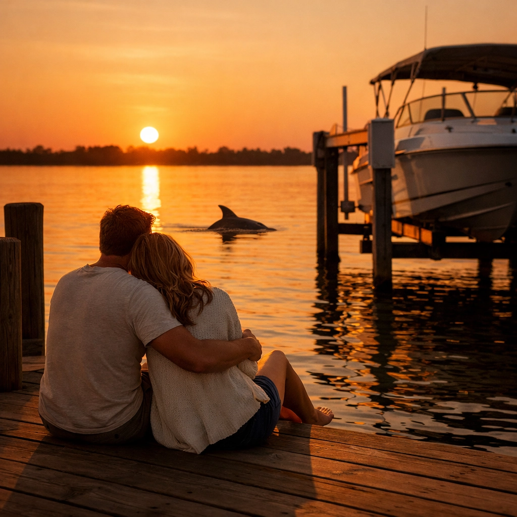 Sunset view from a private boat dock in SWFL featuring a dolphin in the canal waterway.