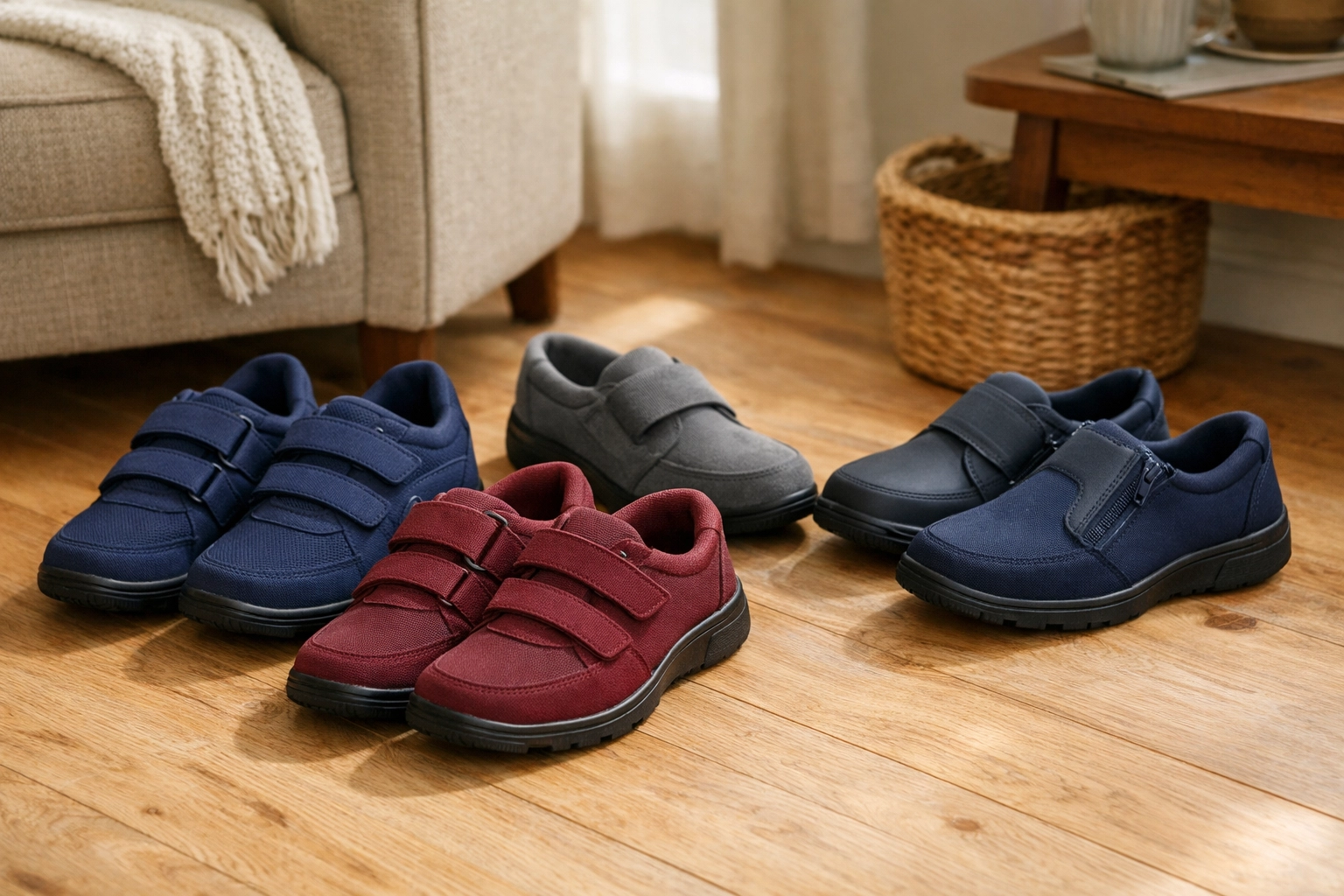 Senior-friendly shoes with non-slip soles and back support arranged on floor