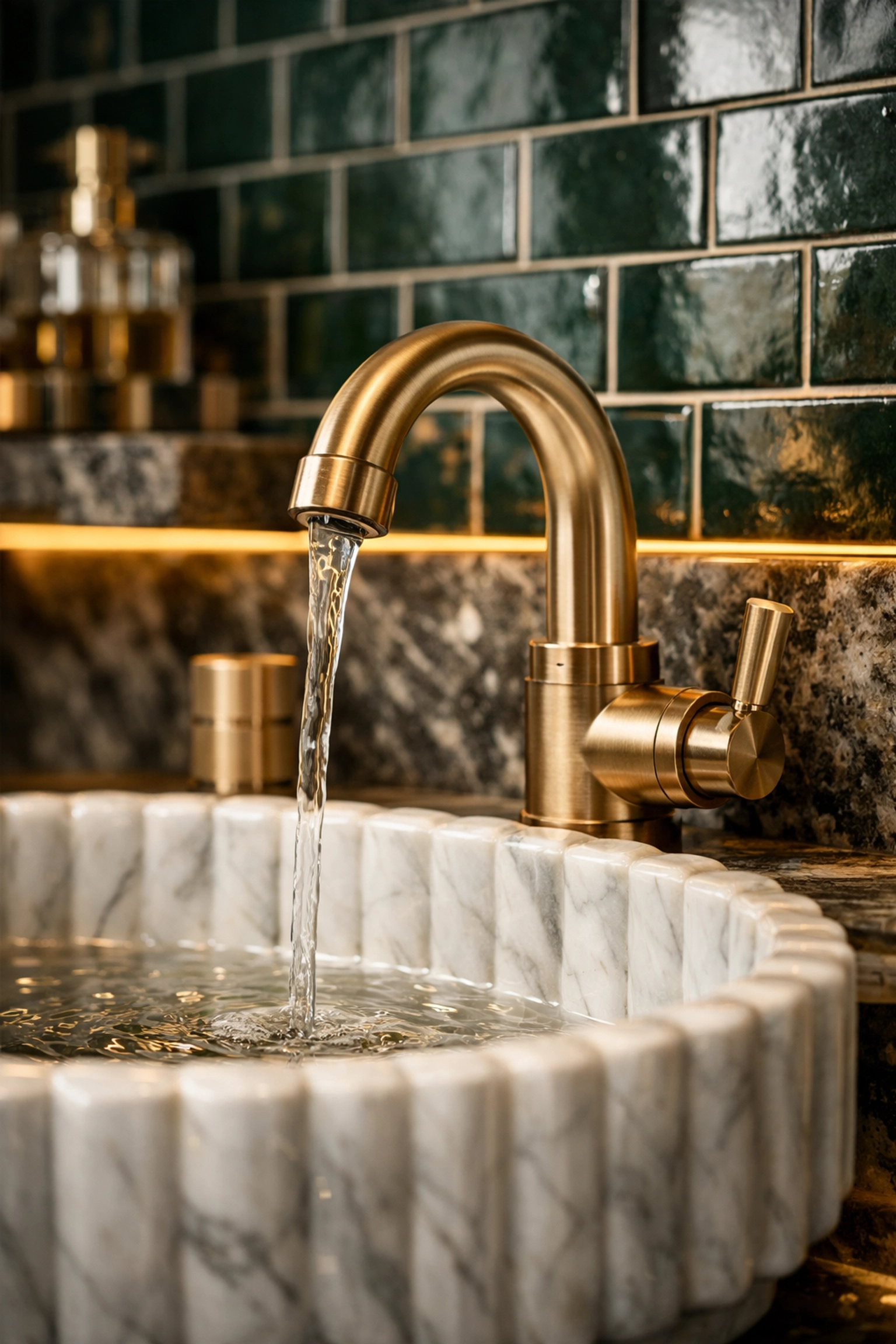 Detailed luxury bathroom render with a champagne-gold faucet and elegant marble sink basin.