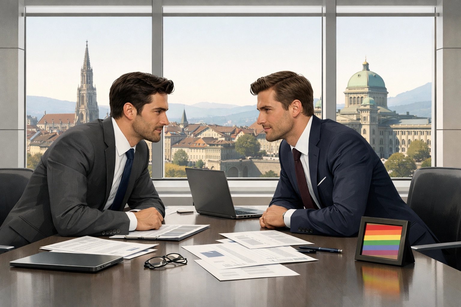 Two men in Swiss federal office sharing meaningful look, MM workplace romance in Bern