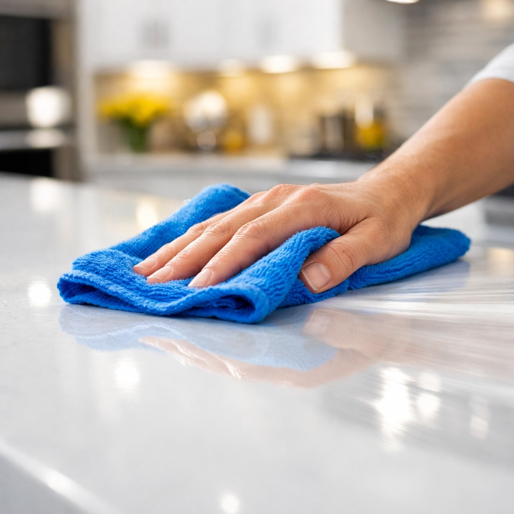 Professional cleaning of a quartz kitchen island for a streak-free finish in a Topsfield home.
