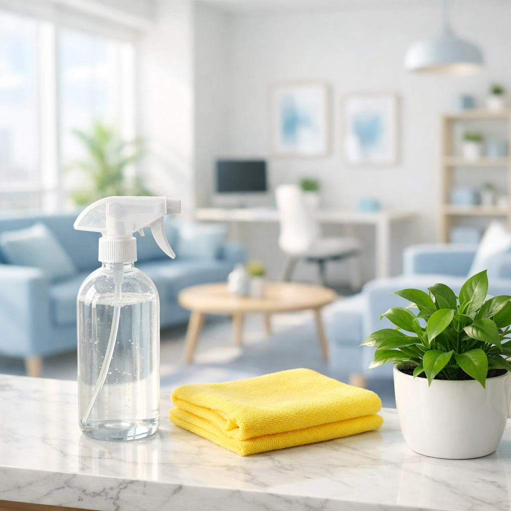 Green cleaning supplies and a potted plant in a bright, eco-friendly Abington office workspace.