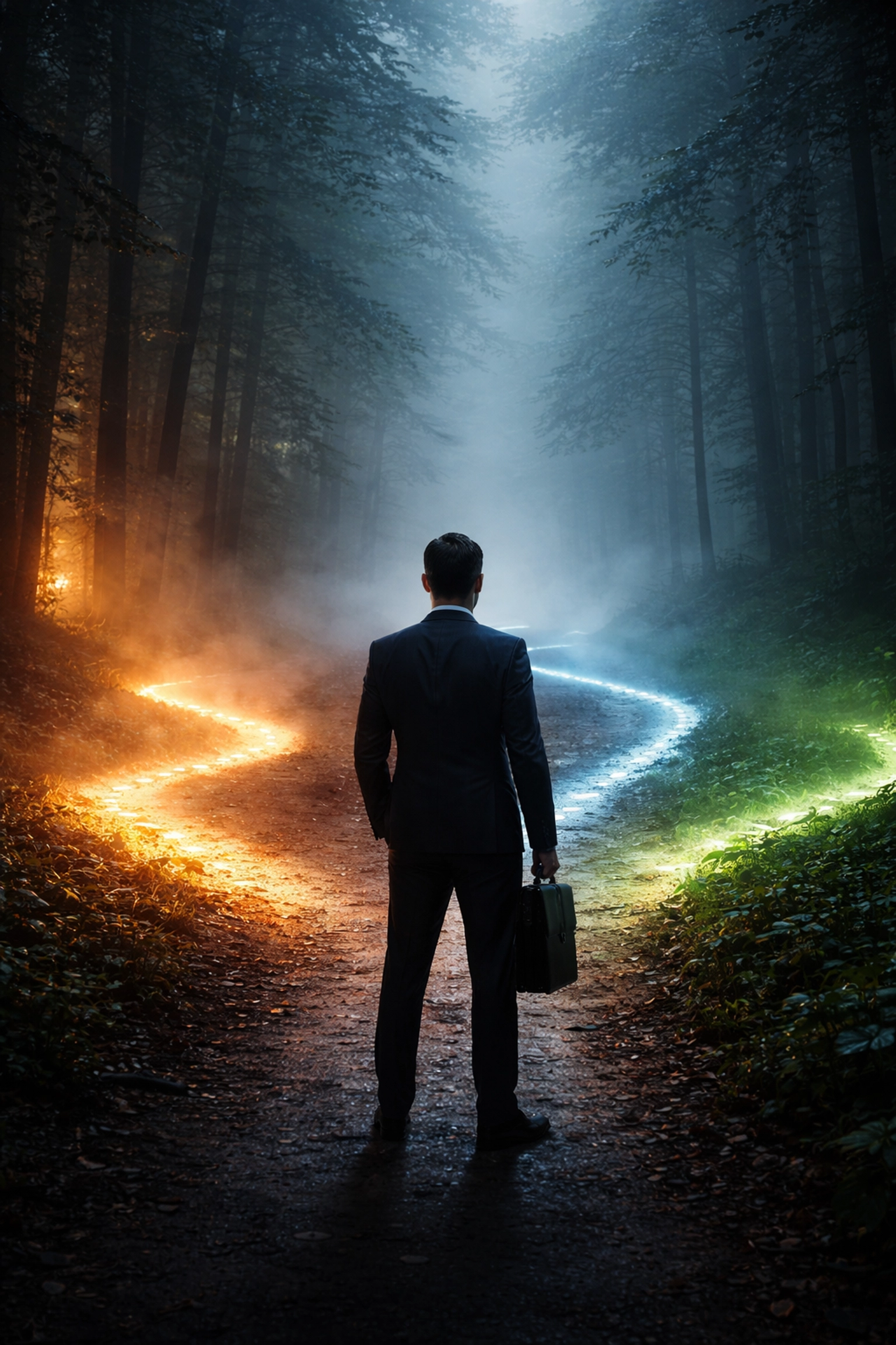 Business leader at a crossroads with multiple glowing paths, symbolizing complex investment choices and high-return opportunities.