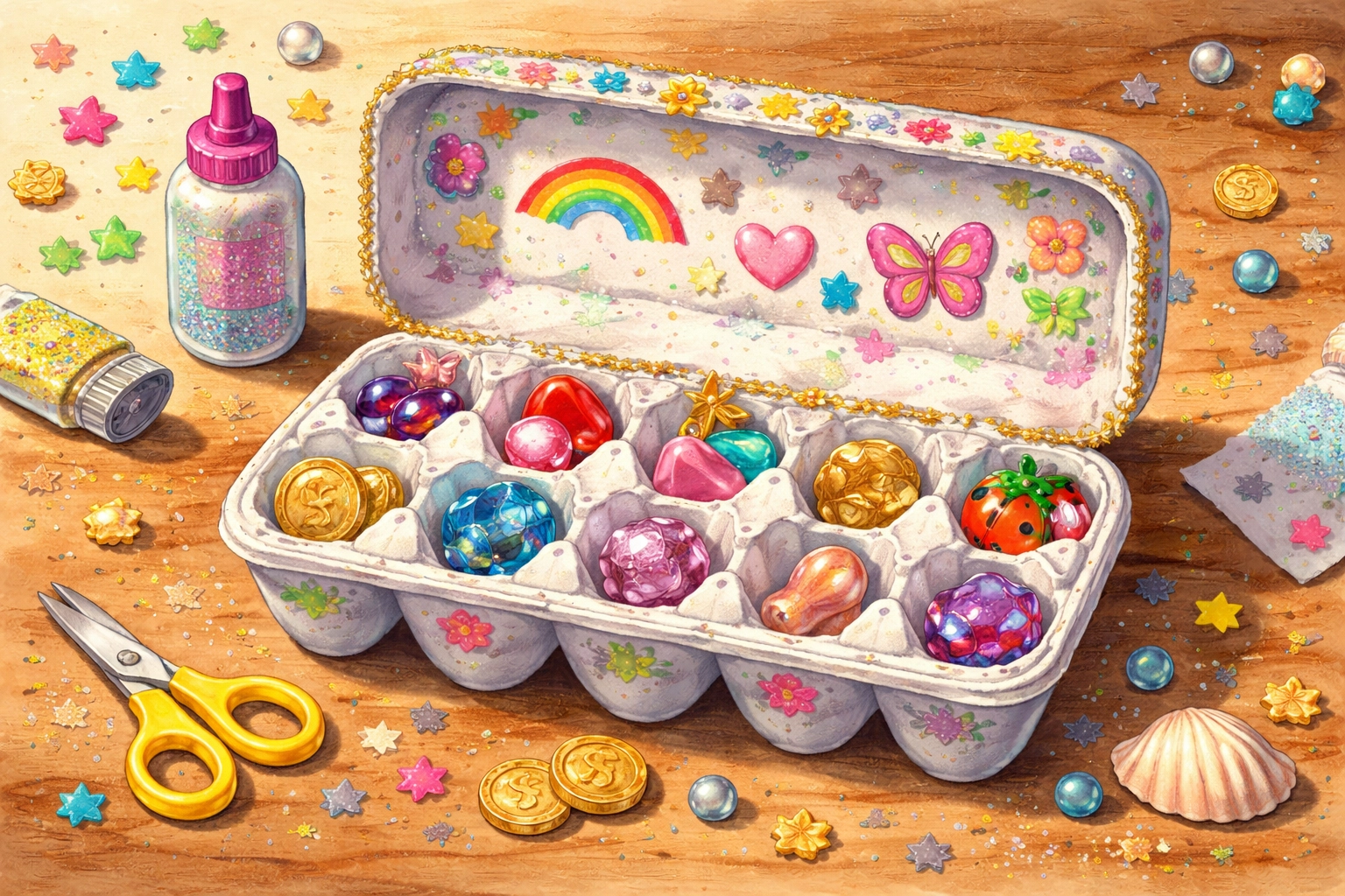 Decorated egg carton treasure box with colorful gems, stickers, and small treasures inside, perfect for kids' keepsakes