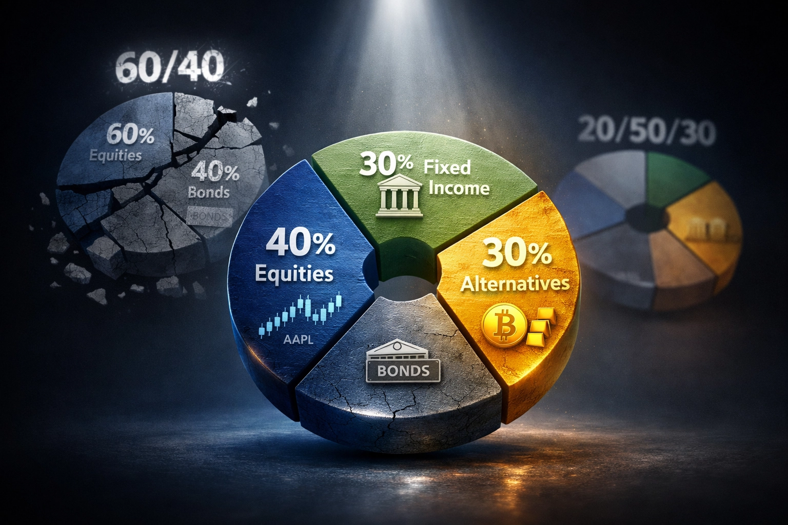 Portfolio allocation comparison showing 40/30/30 model with equities, fixed income, and alternatives